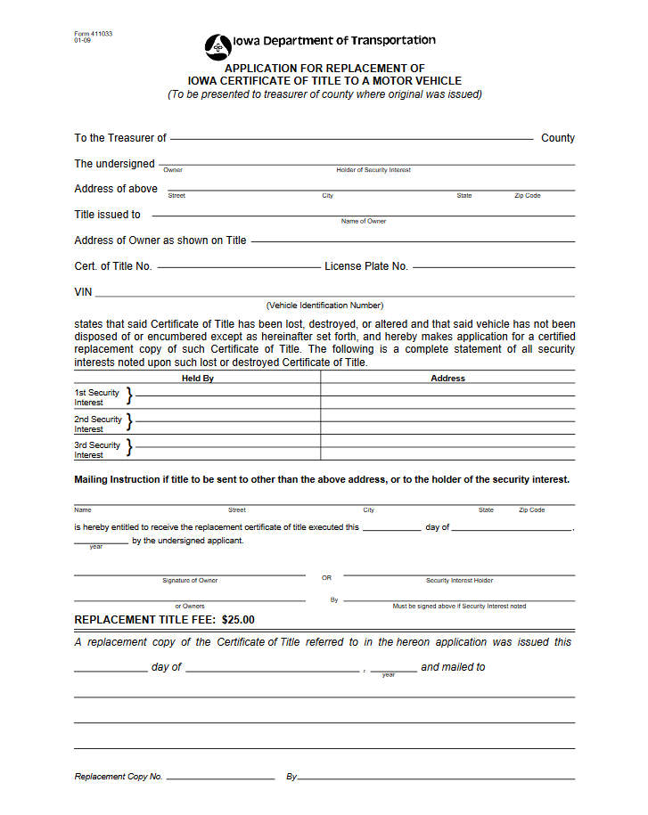 Sample Title Replacement Form of Iowa